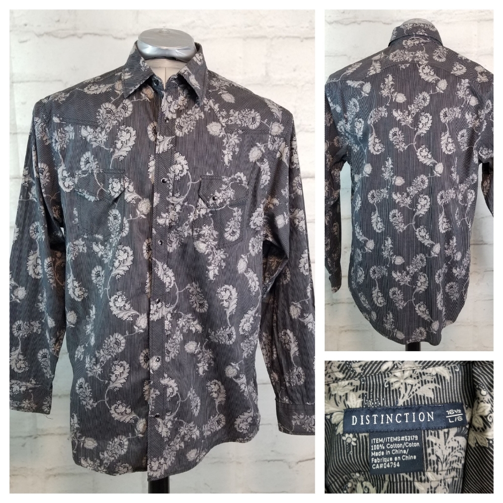 Distinction 16.5 L Black Gray Floral Snap Shirt